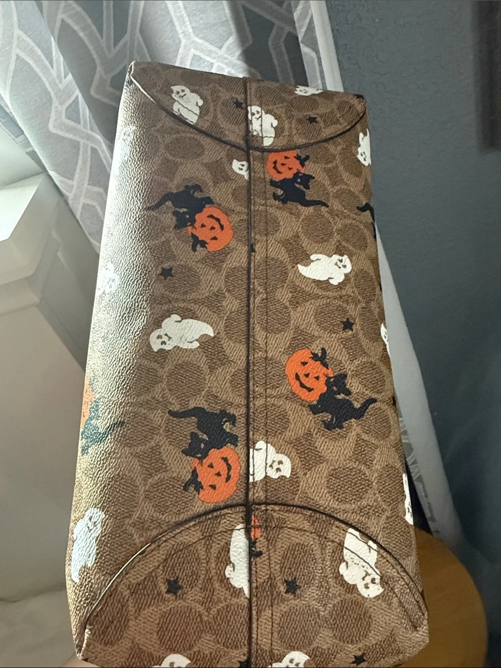 COACH Brown Signature Canvas Tote with Orange, Black & White Halloween Motif